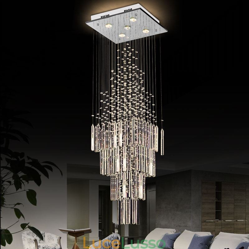 Lampadario moderno in cristallo quadrato, elegante lampadario contemporaneo, scala duplex