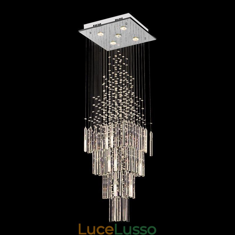 Lampadario moderno in cristallo quadrato, elegante lampadario contemporaneo, scala duplex