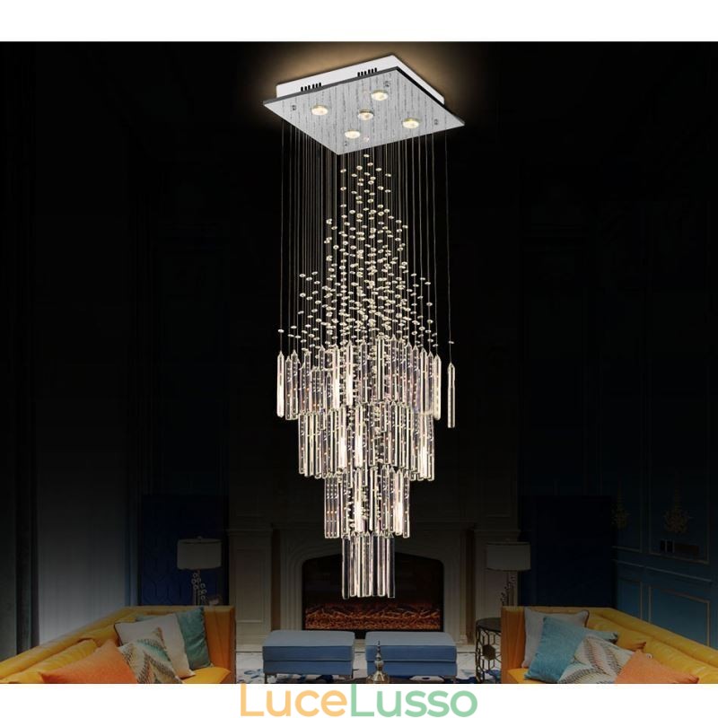 Lampadario moderno in cristallo quadrato, elegante lampadario contemporaneo, scala duplex