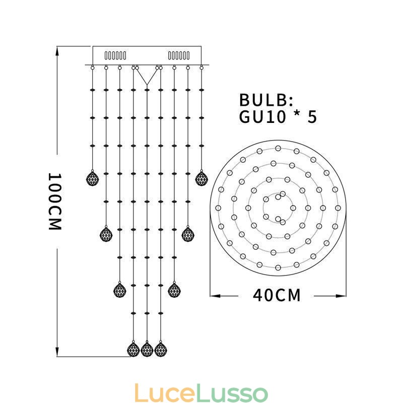 Lampadario di cristallo elegante e contemporaneo, lampada da soffitto, scala duplex