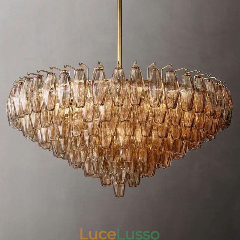 Lampada a sospensione americana in vetro, luce da soffitto, ambra trasparente, 90 cm, 14 luci