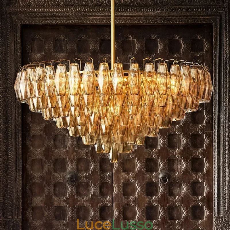 Lampada a sospensione americana in vetro, luce da soffitto, ambra trasparente, 90 cm, 14 luci