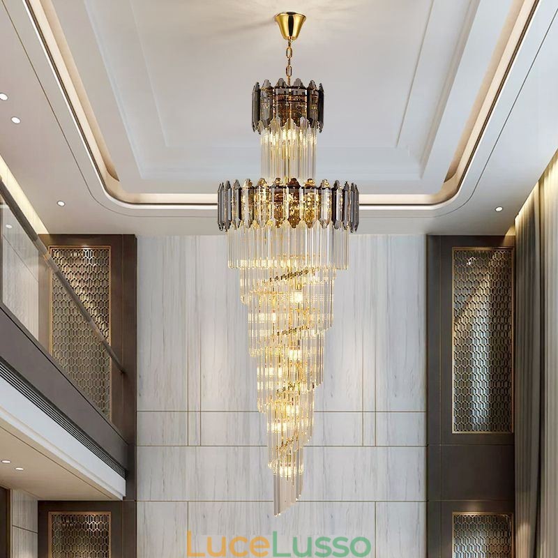 Lampada a sospensione in cristallo conico, lampada da soffitto decorativa duplex di lusso