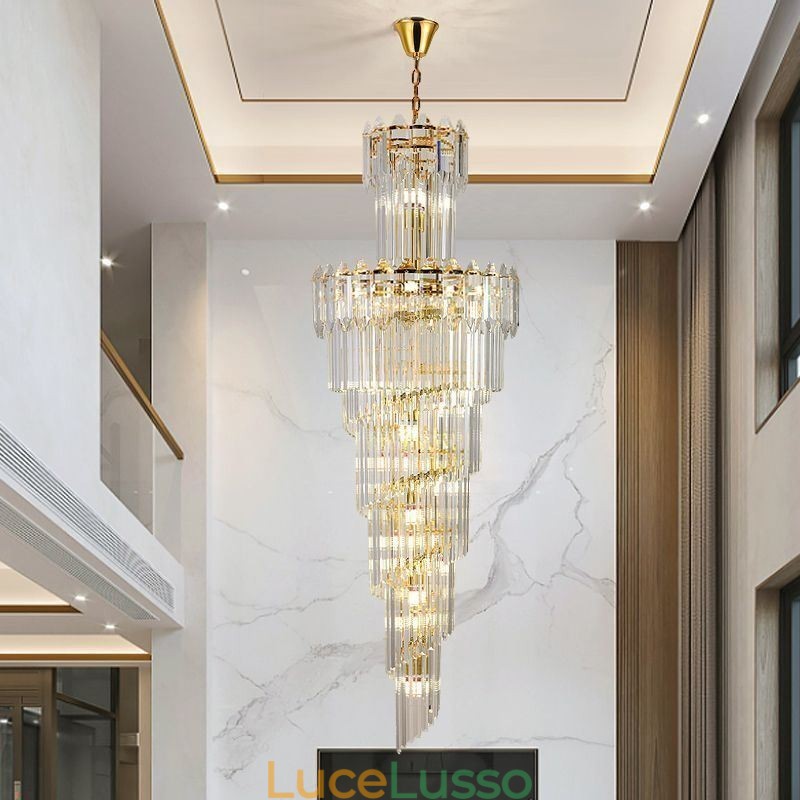 Lampada a sospensione in cristallo conico, lampada da soffitto decorativa duplex di lusso