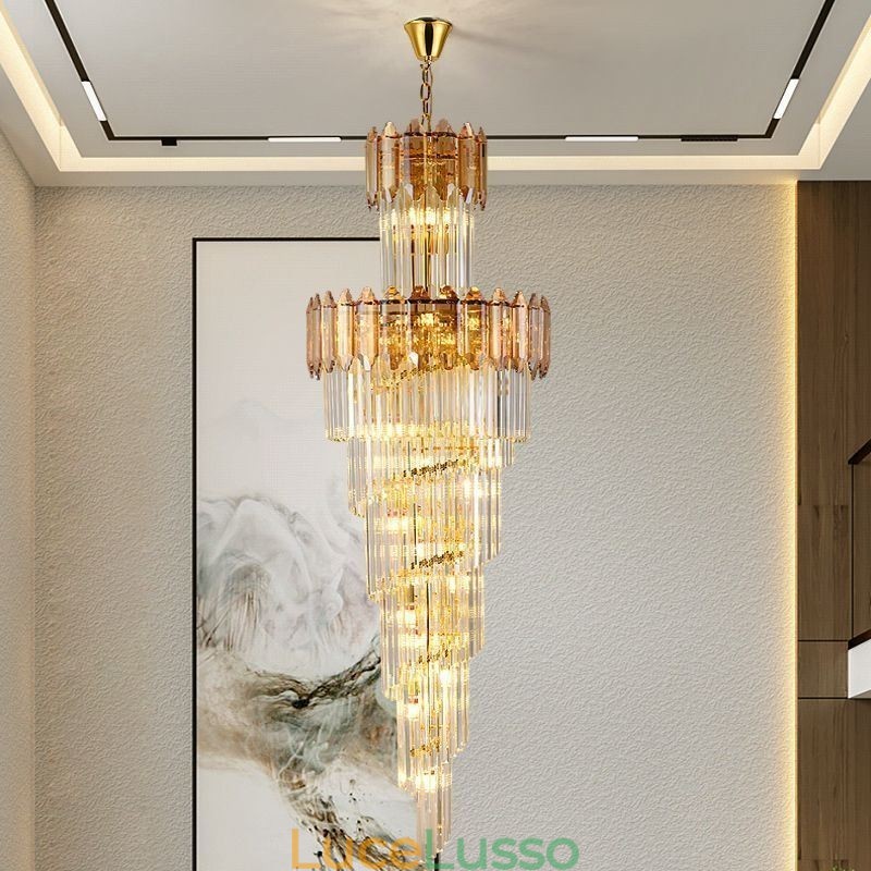 Lampada a sospensione in cristallo conico, lampada da soffitto decorativa duplex di lusso