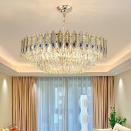 Lampada a sospensione in cristallo con piuma dorata Lampada da soffitto decorativa duplex