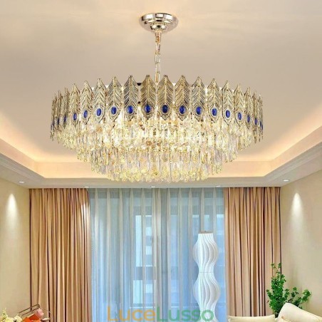 Lampada a sospensione in cristallo con piuma dorata Lampada da soffitto decorativa duplex Lampada a sospensione in cristallo con piuma dorata Lampada da soffitto decorativa duplex