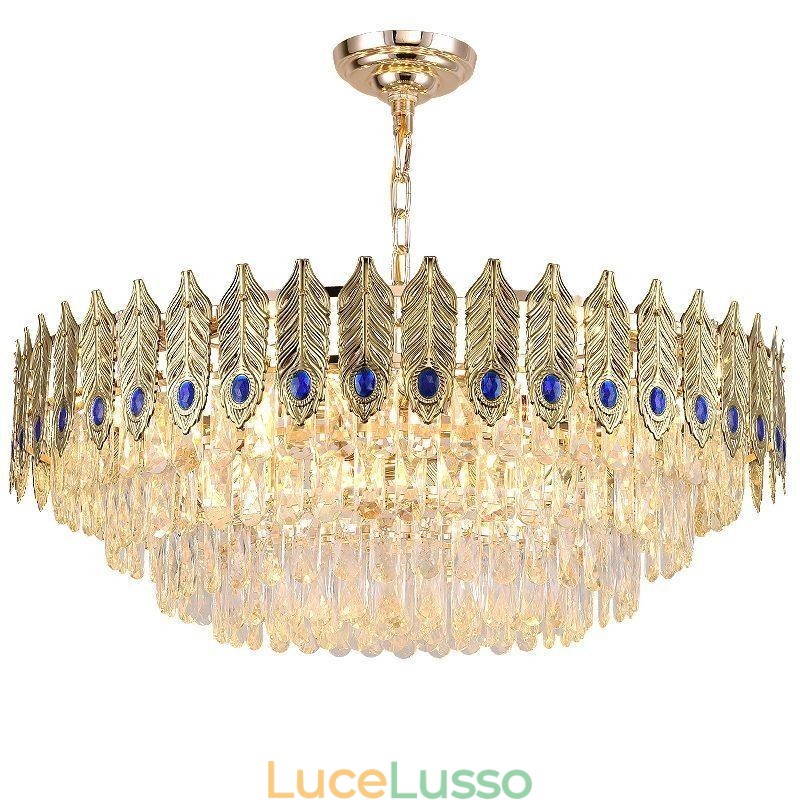 Lampada a sospensione in cristallo con piuma dorata Lampada da soffitto decorativa duplex
