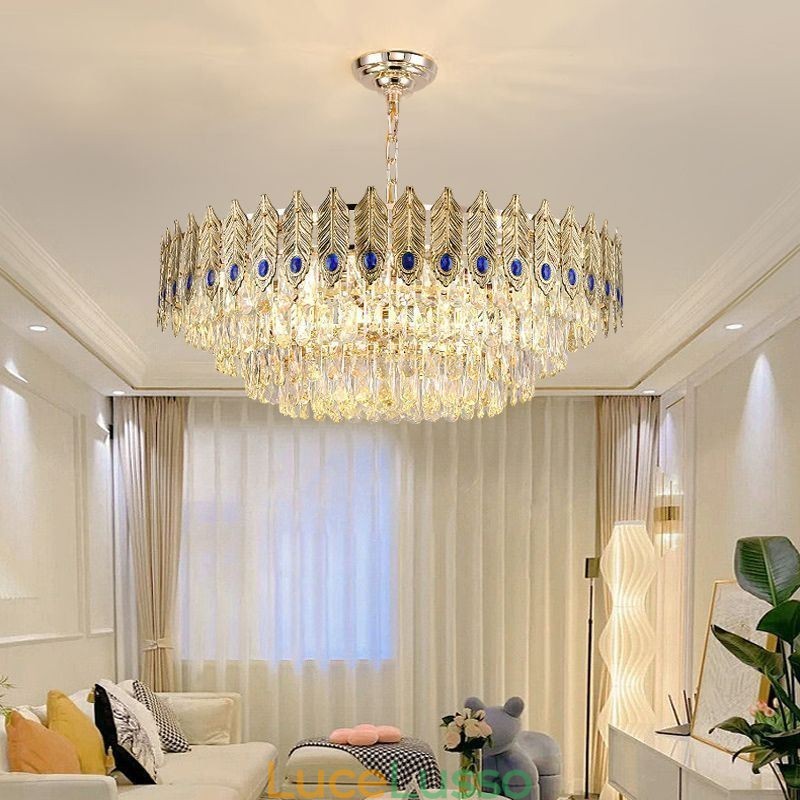 Lampada a sospensione in cristallo con piuma dorata Lampada da soffitto decorativa duplex
