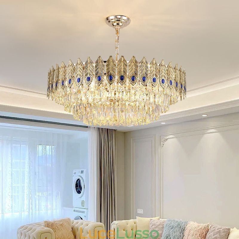 Lampada a sospensione in cristallo con piuma dorata Lampada da soffitto decorativa duplex