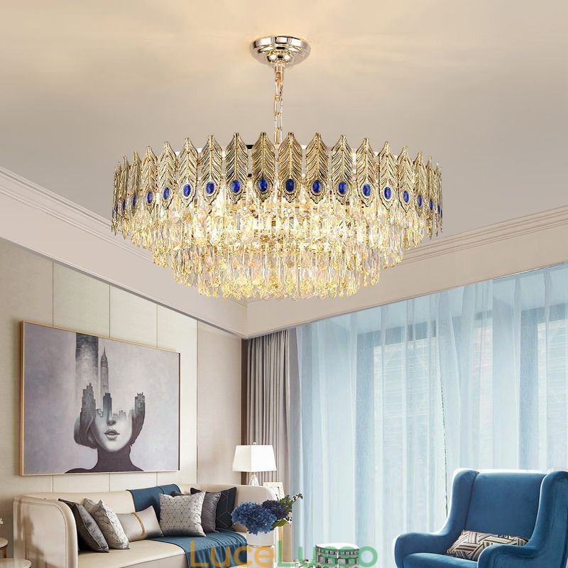 Lampada a sospensione in cristallo con piuma dorata Lampada da soffitto decorativa duplex