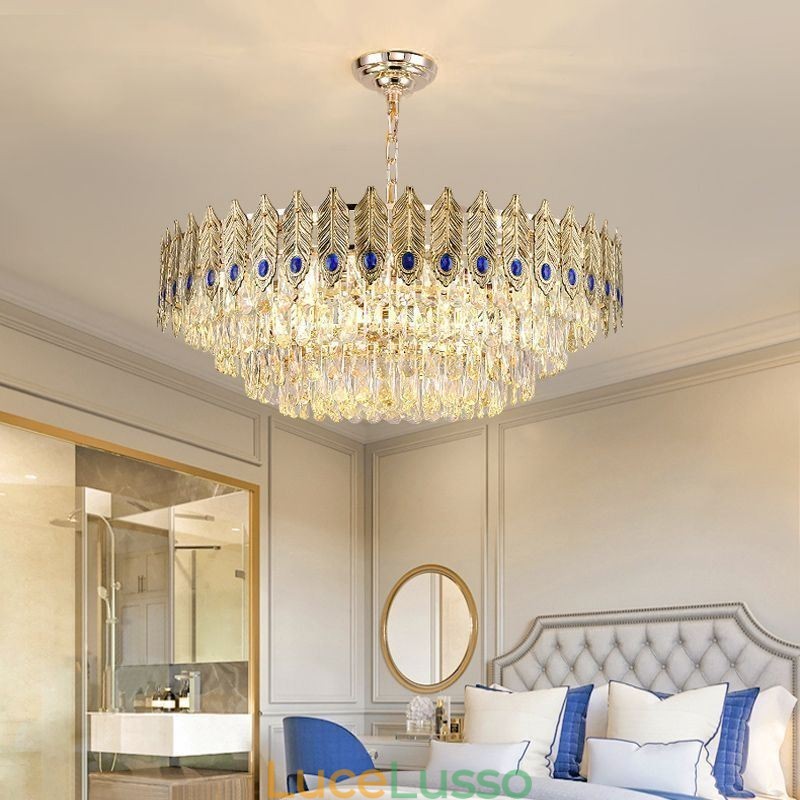 Lampada a sospensione in cristallo con piuma dorata Lampada da soffitto decorativa duplex