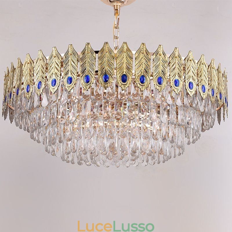Lampada a sospensione in cristallo con piuma dorata Lampada da soffitto decorativa duplex