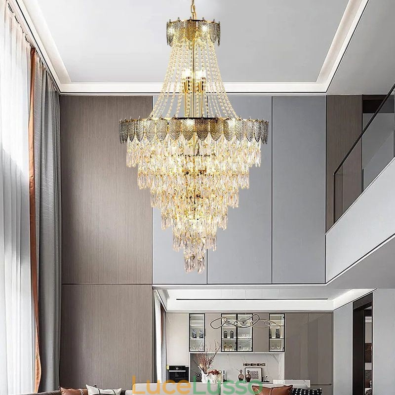 Lampada a sospensione in cristallo conico, accattivante lampada da soffitto decorativa duplex