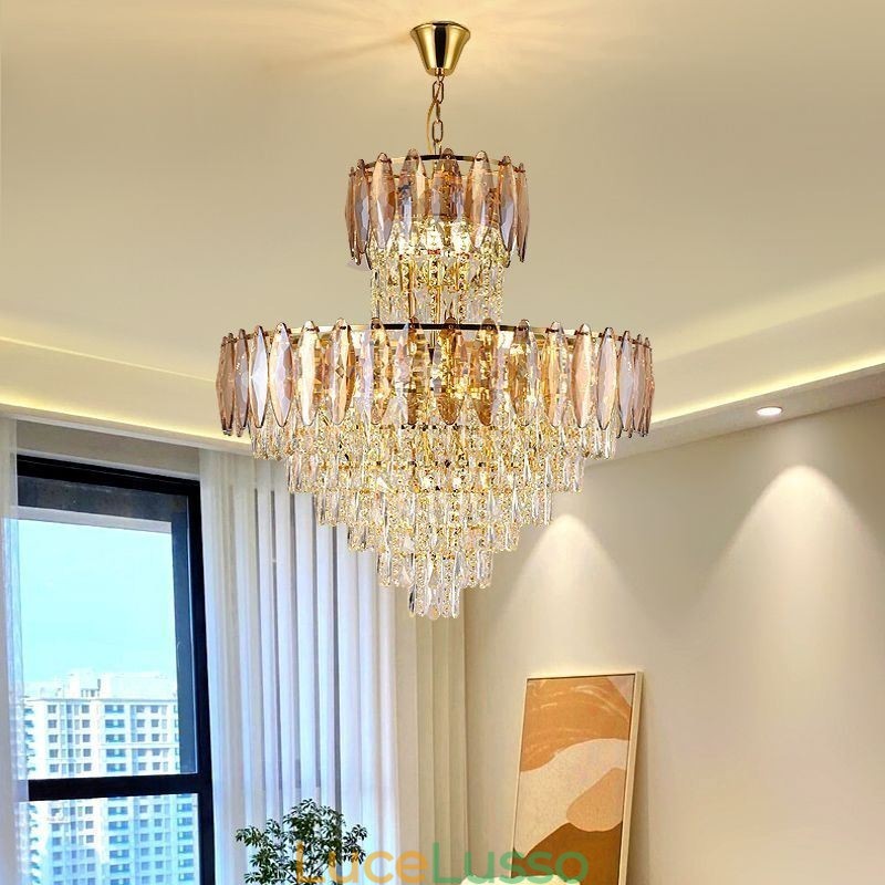 Lampada a sospensione in cristallo conico, lampada da soffitto decorativa duplex da 80 cm