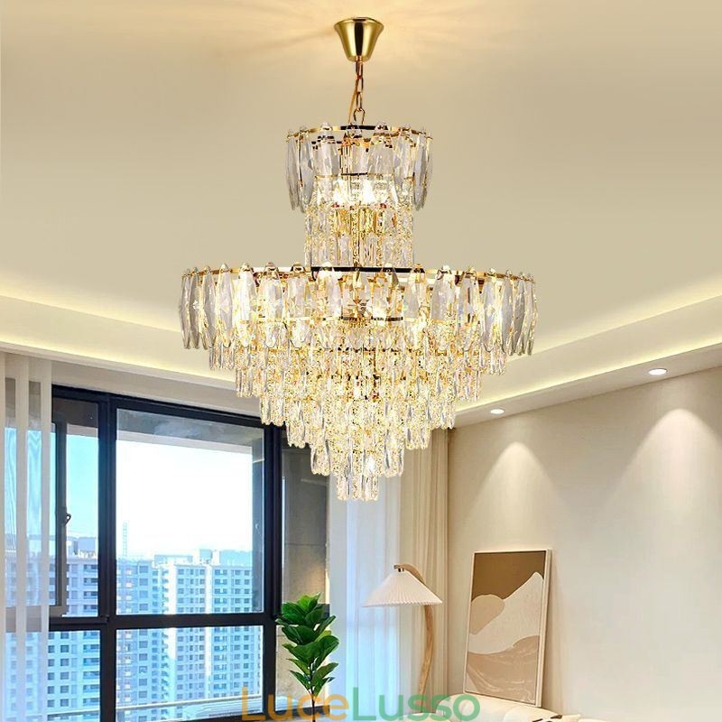 Lampada a sospensione in cristallo conico, lampada da soffitto decorativa duplex da 80 cm