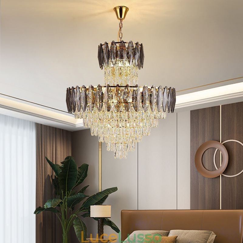 Lampada a sospensione in cristallo conico, lampada da soffitto decorativa duplex da 80 cm