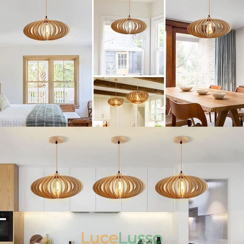 Lampada da soffitto in legno di tiglio con paralume ovale in legno da 17 cm