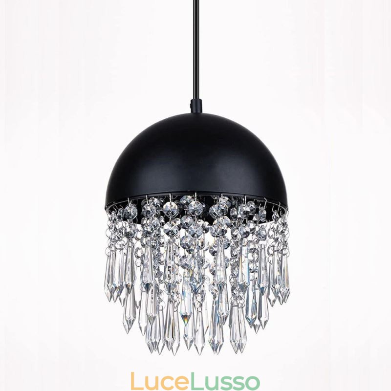Lampadario a sospensione in cristallo con nappa, paralume per coperchio di pentola nero