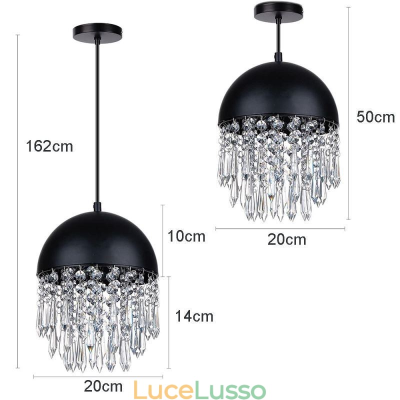 Lampadario a sospensione in cristallo con nappa, paralume per coperchio di pentola nero