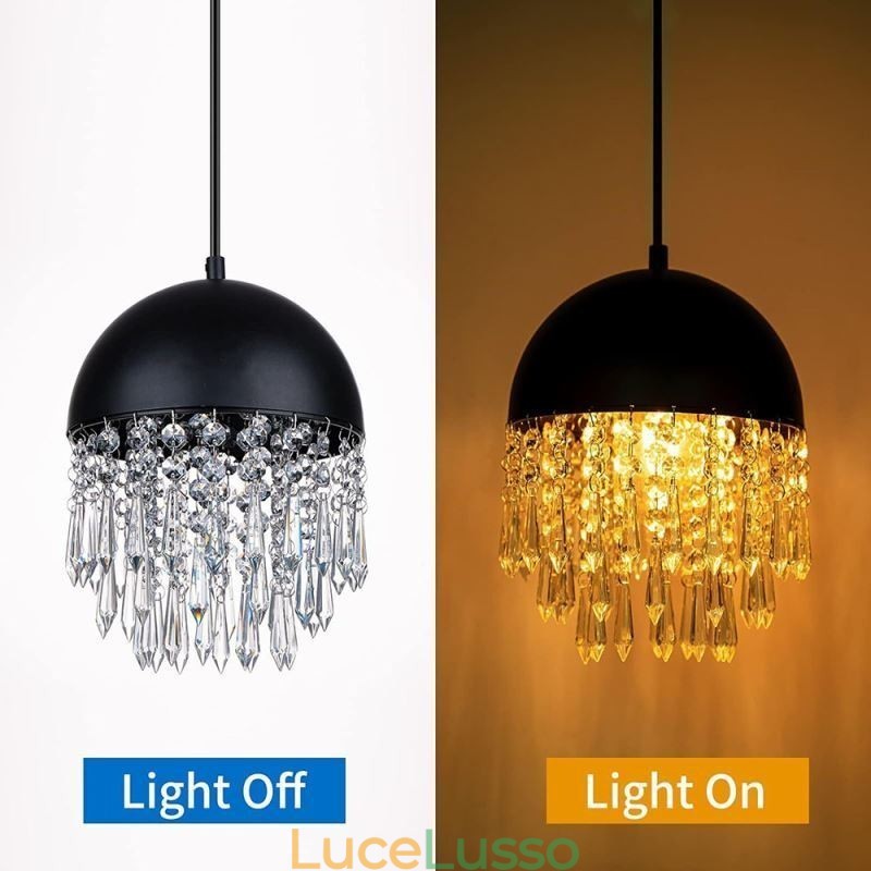 Lampadario a sospensione in cristallo con nappa, paralume per coperchio di pentola nero