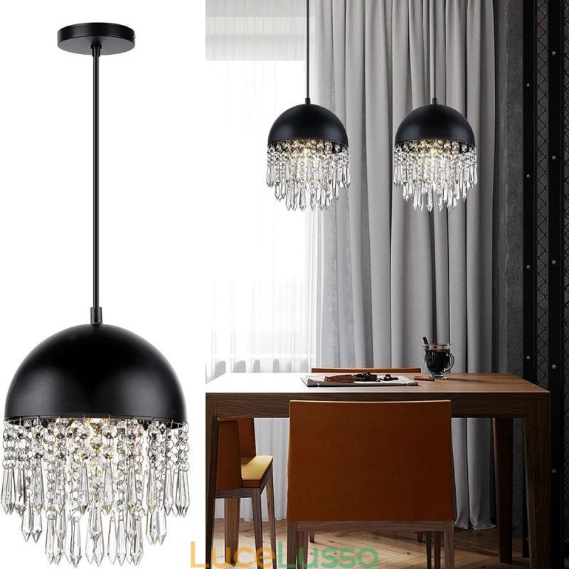 Lampadario a sospensione in cristallo con nappa, paralume per coperchio di pentola nero