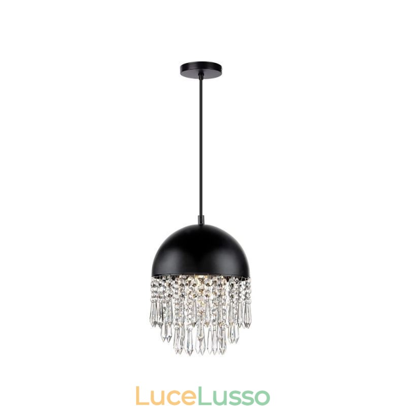 Lampadario a sospensione in cristallo con nappa, paralume per coperchio di pentola nero
