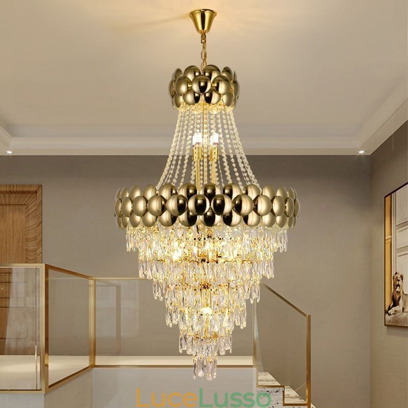 Lampada a sospensione in cristallo placcato oro duplex di lusso decorativo lampada da soffitto 80 cm