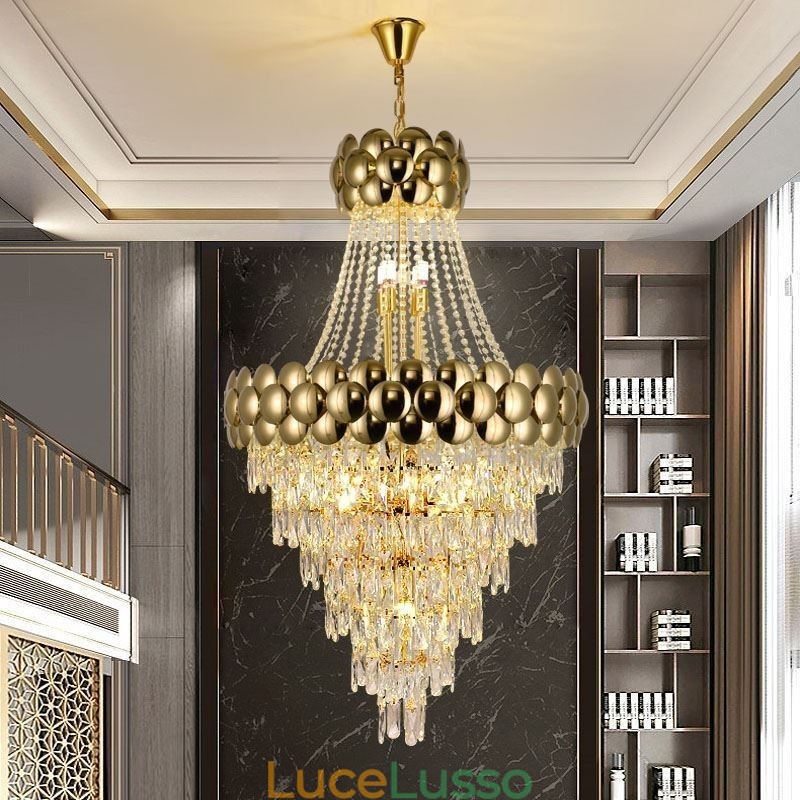Lampada a sospensione in cristallo placcato oro duplex di lusso decorativo lampada da soffitto 80 cm