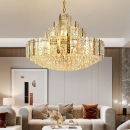 Lampada a sospensione in cristallo, 4° piano, luce decorativa di lusso, con lamiera di ferro cava dorata