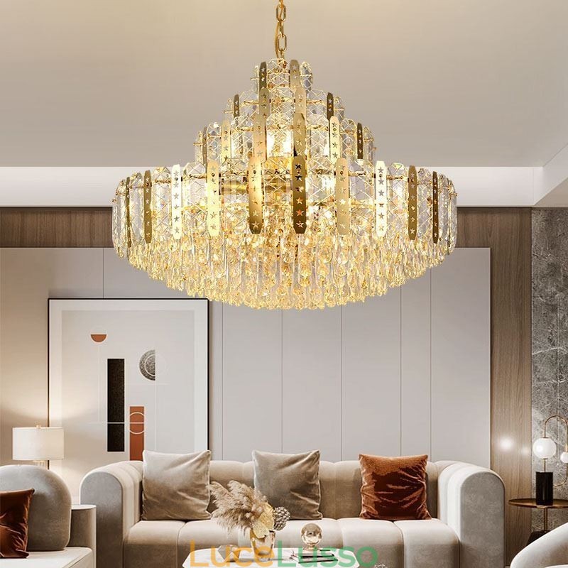Lampada a sospensione in cristallo, 4° piano, luce decorativa di lusso, con lamiera di ferro cava dorata