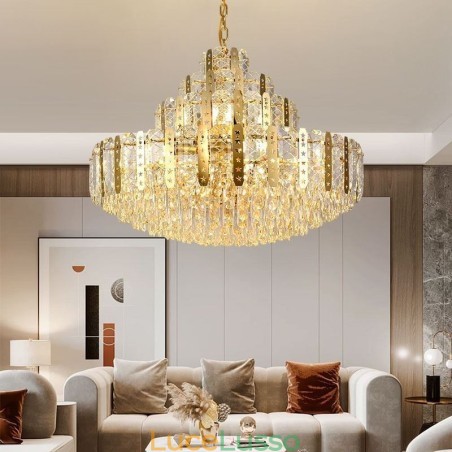 Lampada a sospensione in cristallo, 4° piano, luce decorativa di lusso, con lamiera di ferro cava dorata Lampada a sospensione in cristallo, 4° piano, luce decorativa di lusso, con lamiera di ferro cava dorata