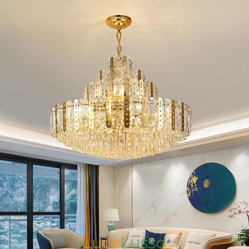 Lampada a sospensione in cristallo, 4° piano, luce decorativa di lusso, con lamiera di ferro cava dorata