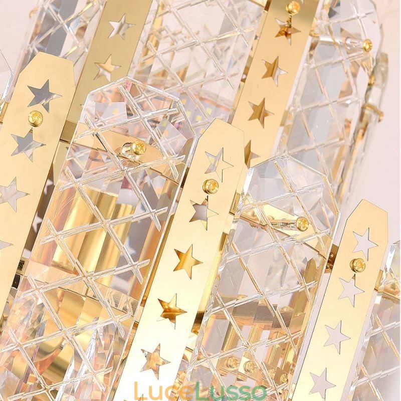 Lampada a sospensione in cristallo, 4° piano, luce decorativa di lusso, con lamiera di ferro cava dorata