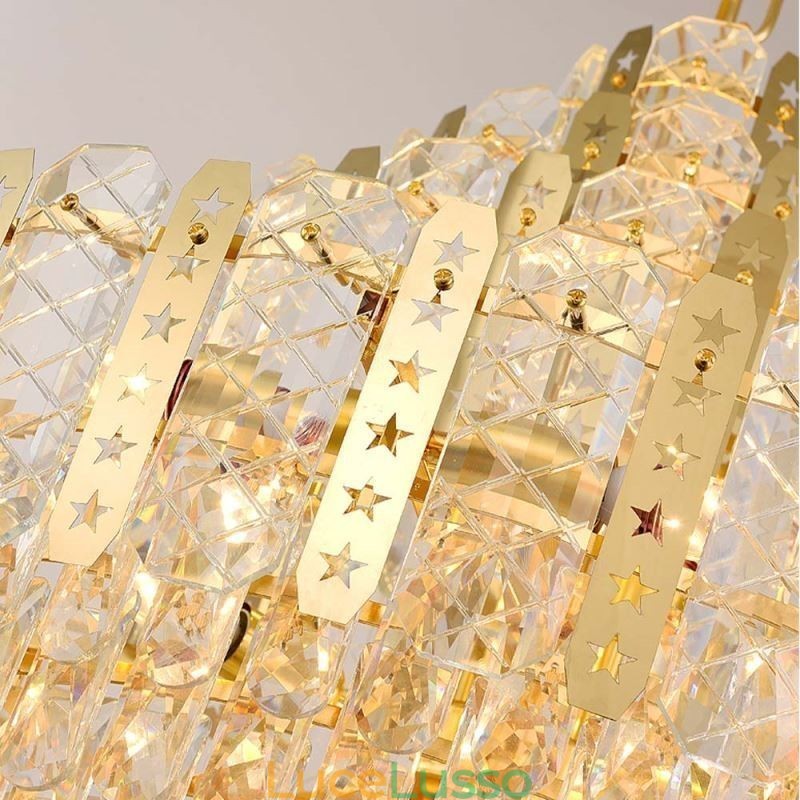 Lampada a sospensione in cristallo, 4° piano, luce decorativa di lusso, con lamiera di ferro cava dorata