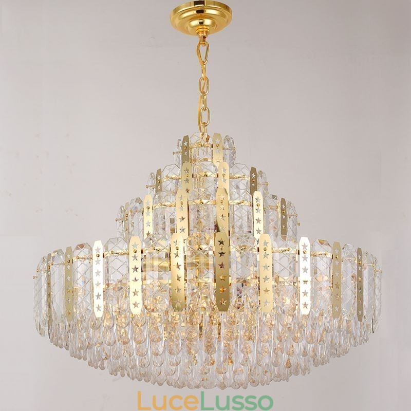 Lampada a sospensione in cristallo, 4° piano, luce decorativa di lusso, con lamiera di ferro cava dorata