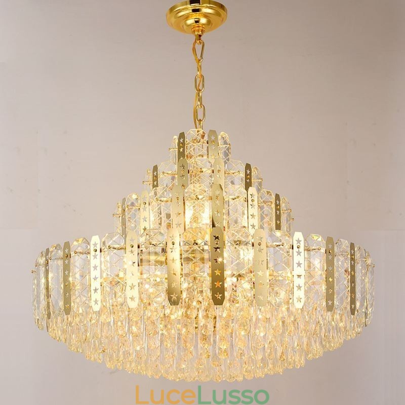 Lampada a sospensione in cristallo, 4° piano, luce decorativa di lusso, con lamiera di ferro cava dorata