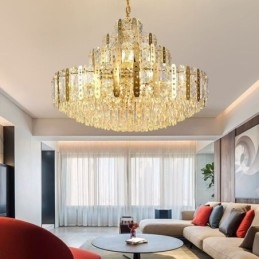 Lampada a sospensione in cristallo, 4° piano, luce decorativa di lusso, con lamiera di ferro cava dorata