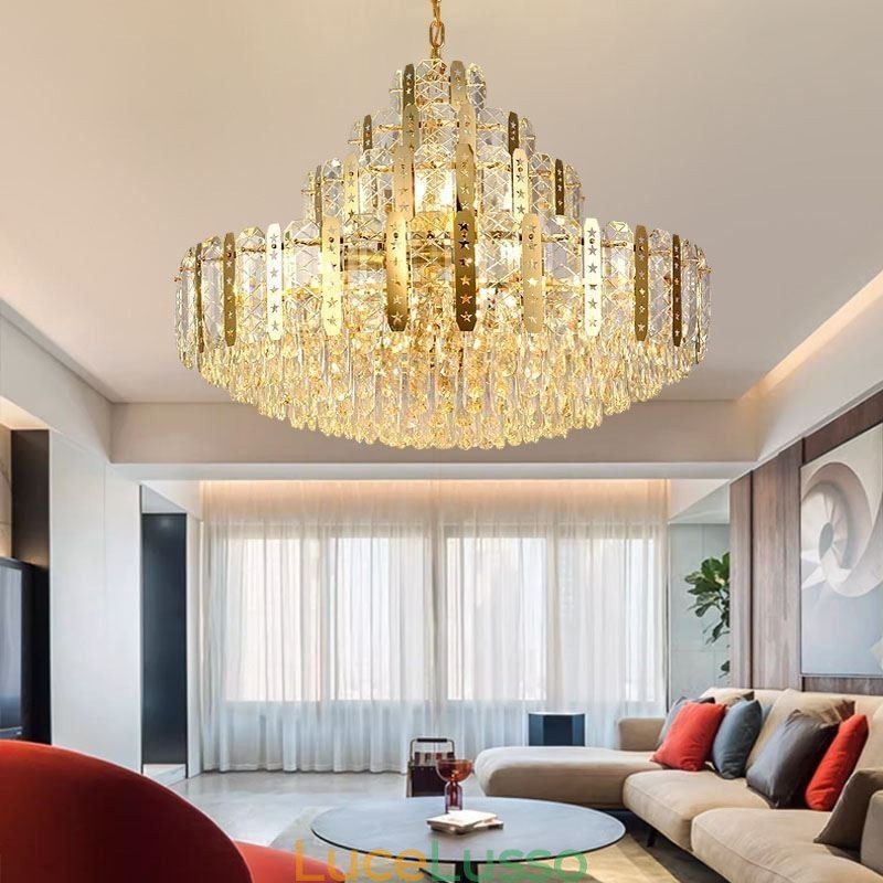 Lampada a sospensione in cristallo, 4° piano, luce decorativa di lusso, con lamiera di ferro cava dorata