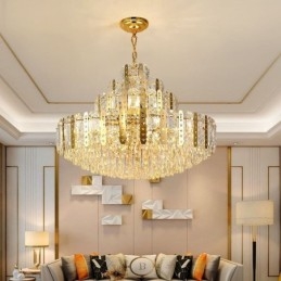 Lampada a sospensione in cristallo, 4° piano, luce decorativa di lusso, con lamiera di ferro cava dorata