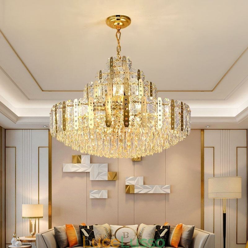 Lampada a sospensione in cristallo, 4° piano, luce decorativa di lusso, con lamiera di ferro cava dorata