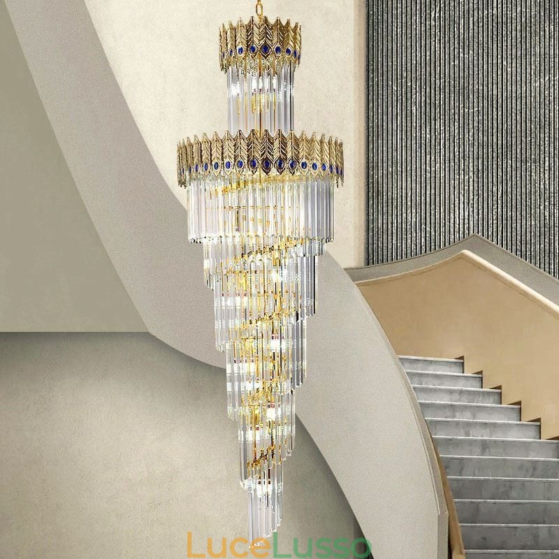 Lampada a sospensione in cristallo dorato, paralume a coda di fenice in oro elettroplaccato, lampada da soffitto