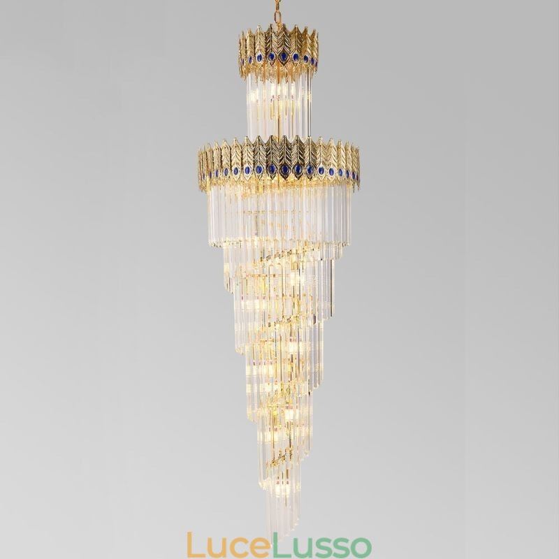 Lampada a sospensione in cristallo dorato, paralume a coda di fenice in oro elettroplaccato, lampada da soffitto