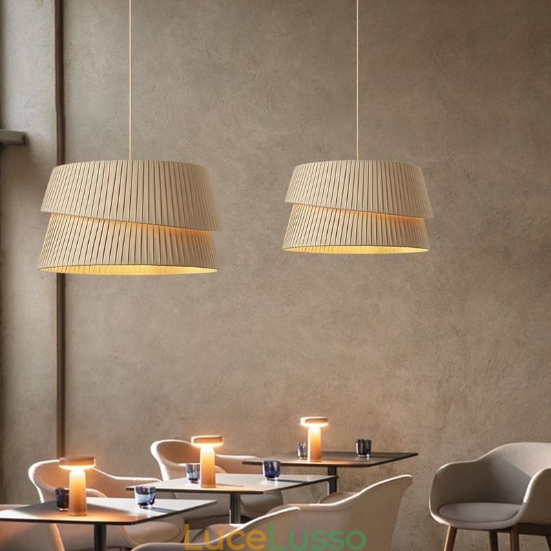 Lampada a sospensione in stile crema francese con paralume in tessuto a doppio strato