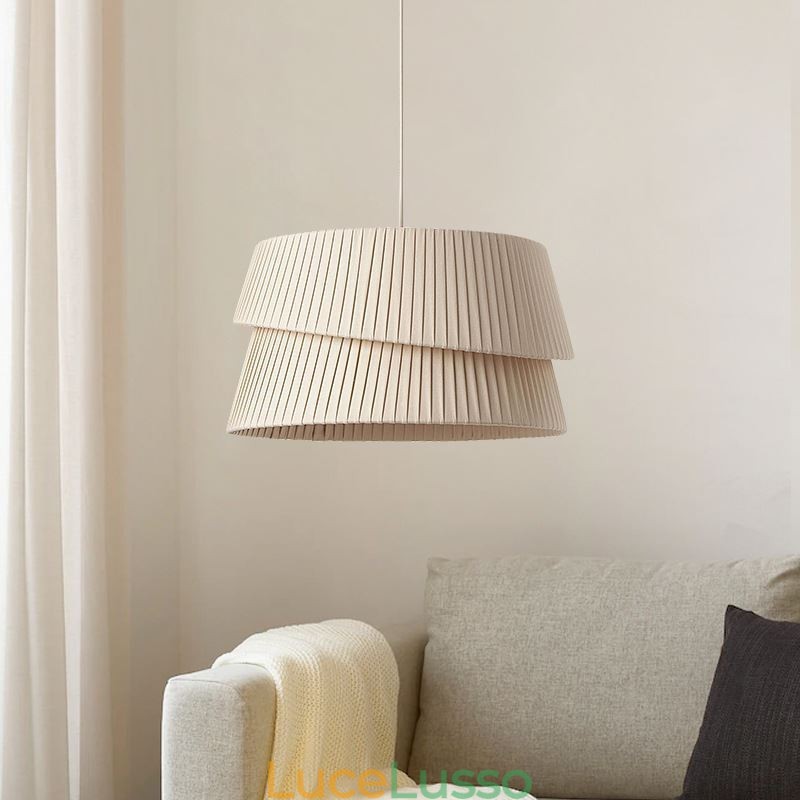 Lampada a sospensione in stile crema francese con paralume in tessuto a doppio strato