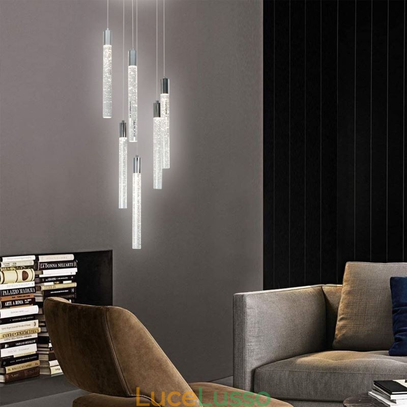 Lampada a sospensione in cristallo cromato, lampada da soffitto a grappolo
