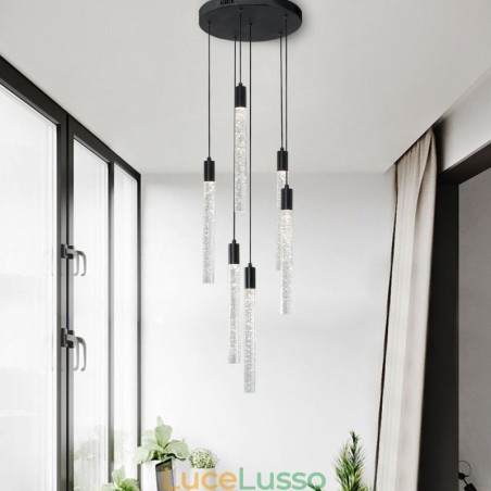 Lampada a sospensione a colonna in cristallo nero Lampada a soffitto a grappolo Lampada a sospensione a colonna in cristallo nero Lampada a soffitto a grappolo