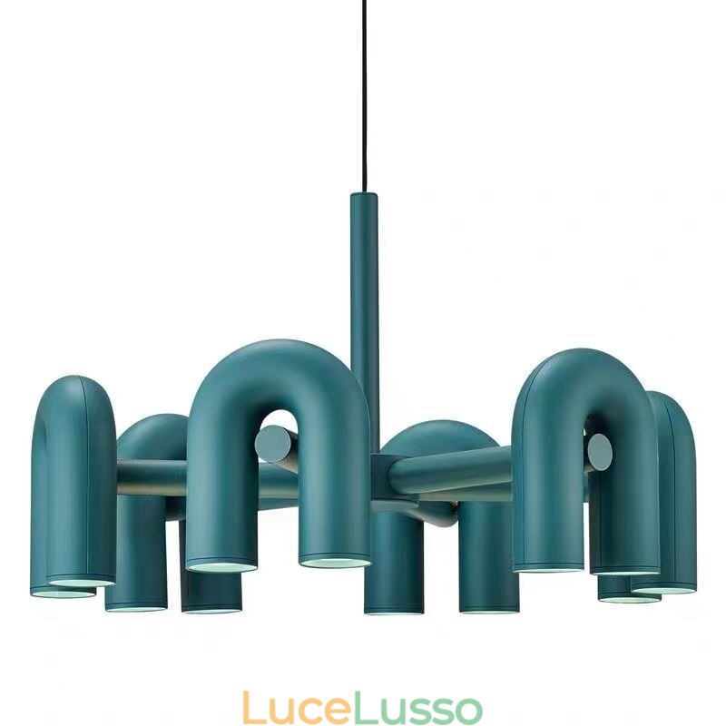 Lampada a sospensione rotonda in ferro battuto a forma di U, paralume girevole 90°