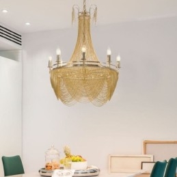 Lampada a sospensione a catena in alluminio Luce creativa Luce decorativa a nappa di lusso Oro Argento
