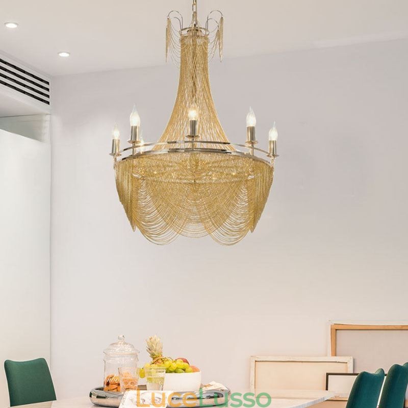 Lampada a sospensione a catena in alluminio Luce creativa Luce decorativa a nappa di lusso Oro Argento